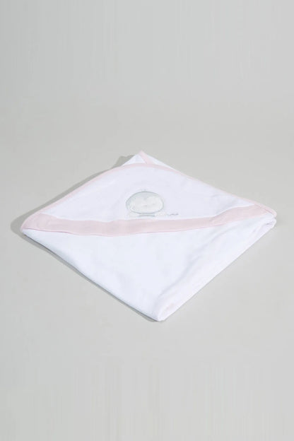 White baby hooded towel, pink edge trim, round applique detail