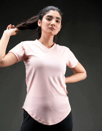 Women's pink short-sleeve crew-neck performance top, relaxed fit