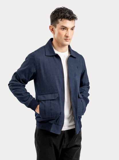 Brumano dark blue field jacket with dual flap pockets, front zipper, ribbed hem