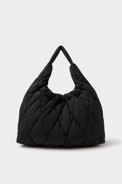 Black quilted shoulder bag with curved shape and ruched drawstring top