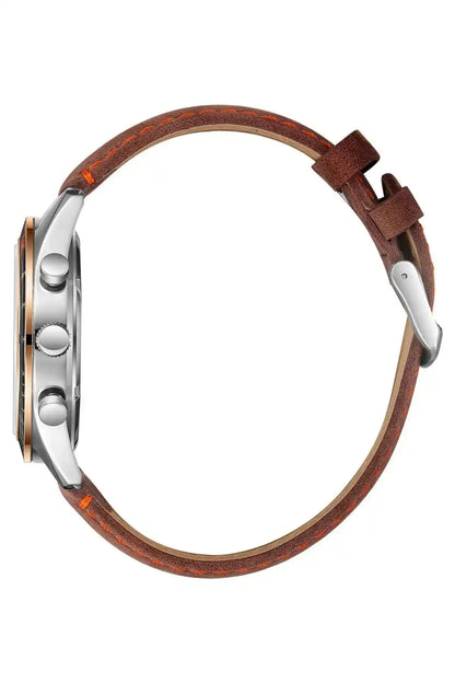Brown leather watch strap and metal case profile, side view with crown and pushers