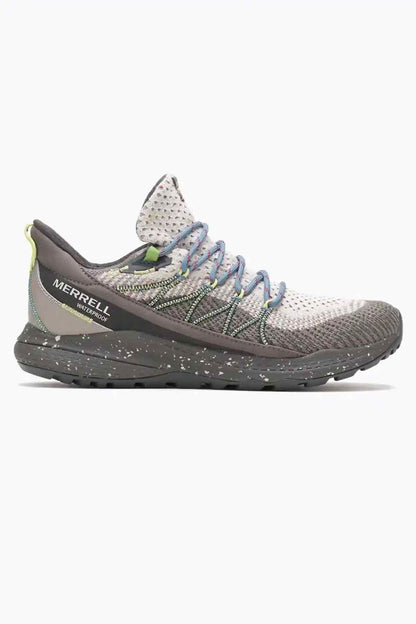 Merrell trail shoe in speckled gray knit with black heel, blue laces