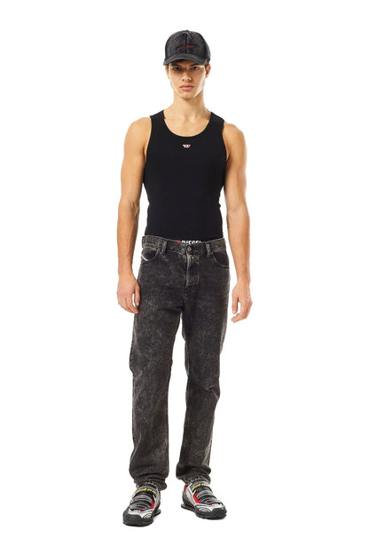 Charcoal denim jeans on model, straight leg, belt loops, five-pocket design
