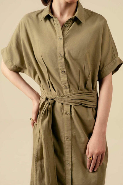 Olive button-front shirt dress detail with tied waist and short sleeves