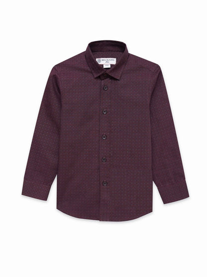 Maroon patterned cotton button-up shirt with long sleeves and button-down collar
