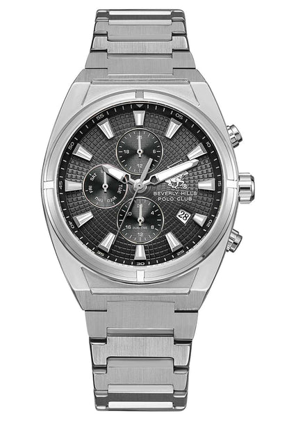 Silver metal chronograph watch with black dial, three subdials and silver hands.