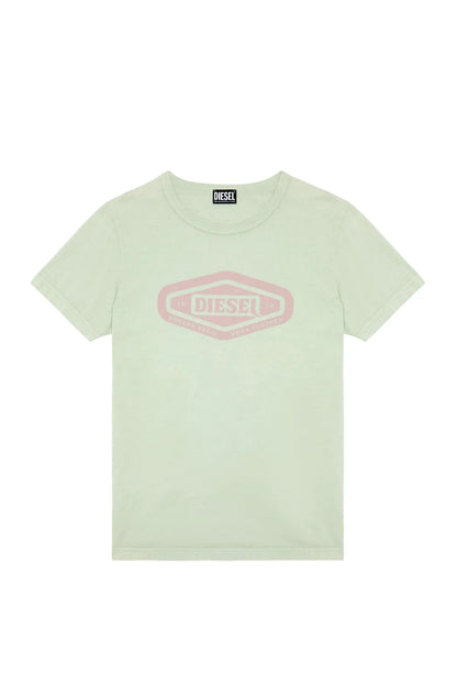Light-colored crew-neck T-shirt with pink logo graphic on chest, short sleeves