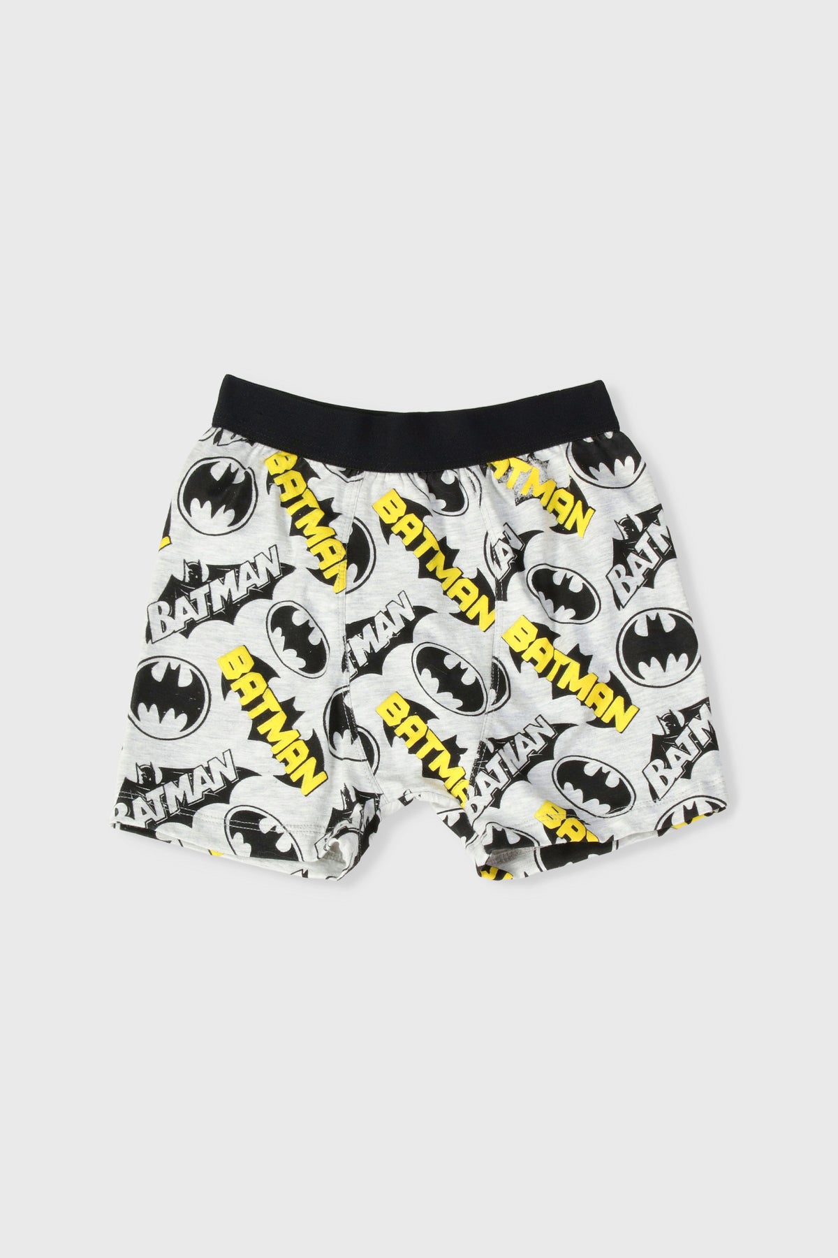 Boys' Batman character print shorts, black waistband, yellow and gray logos