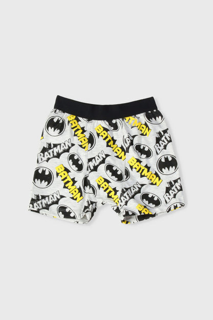 Boys' Batman character print shorts, black waistband, yellow and gray logos