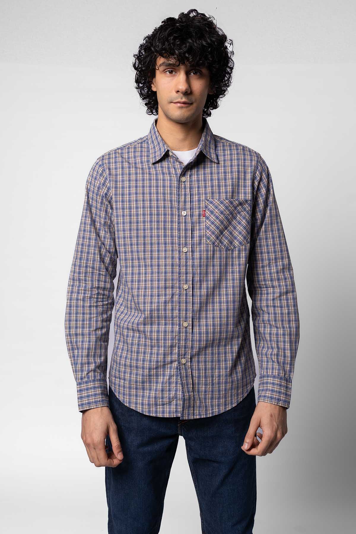 Levi's button-up shirt, blue plaid check with chest pocket and long sleeves