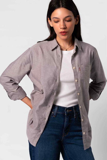Levi's grey button-up shirt, long sleeves, worn open with jeans