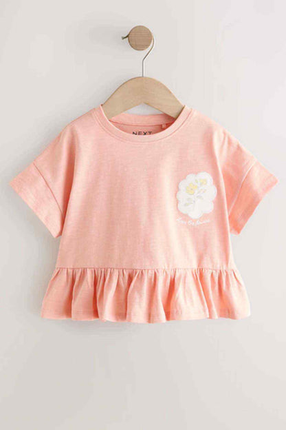 Kids' pink cloud applique peplum T-shirt with ruffled gathered hem
