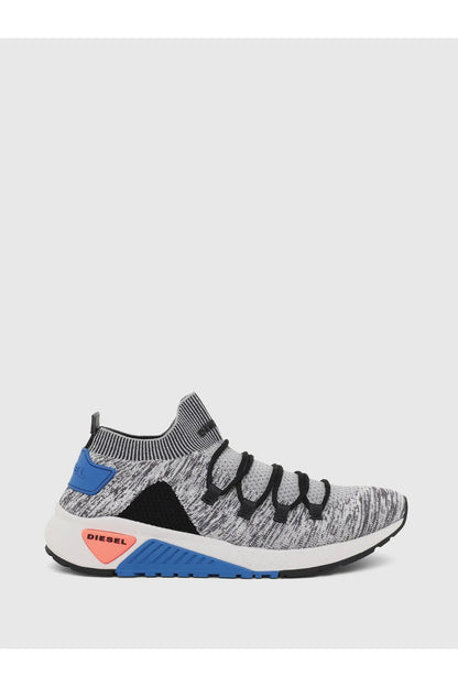 Diesel gray knit lace-up sneaker with black accents and blue outsole