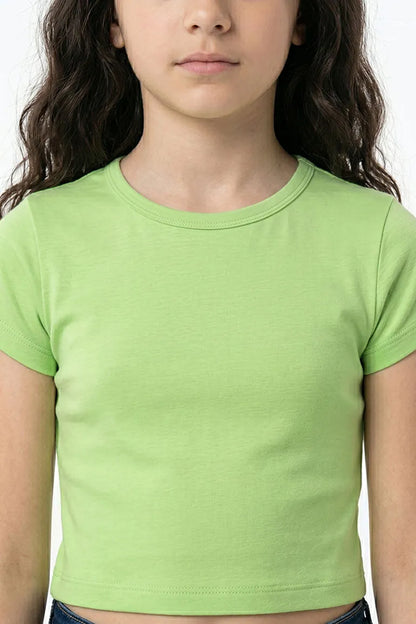 Light green kids short-sleeve T-shirt close-up of crew neck