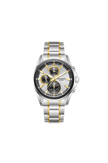 Two-tone metal wristwatch, black dial with gold accents and three subdials