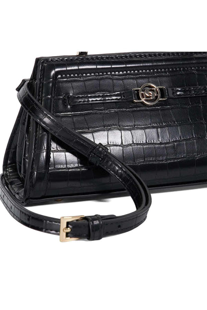 Black croc-embossed mini handbag with logo front clasp and adjustable strap