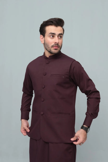 Dark maroon button-front waistcoat with stand collar and side hip pockets