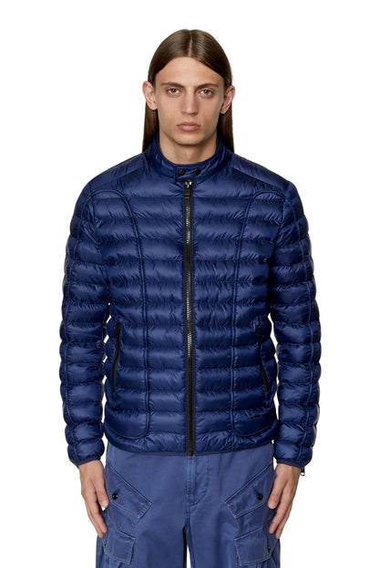 Dark blue puffer jacket with full-zip front and quilted pattern, long sleeves