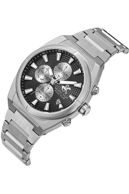 BHPC silver metal wristwatch angled view, black dial with light subdials