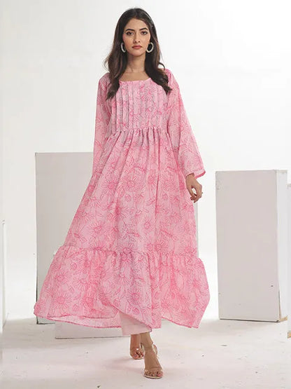 Pink floral-print tiered maxi dress, long sleeves, loose gathered bodice