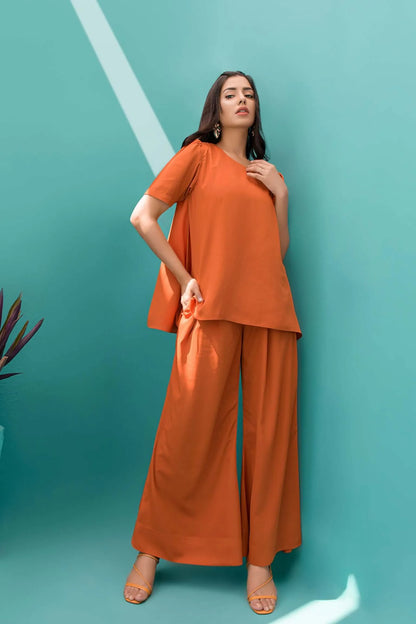 Orange velour tunic top and wide-leg pants, front full-body view