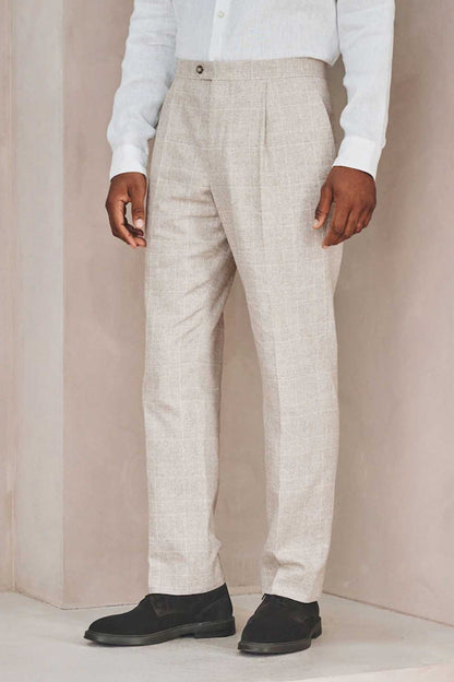 Men's light beige suit trousers with belt loops and side seam details