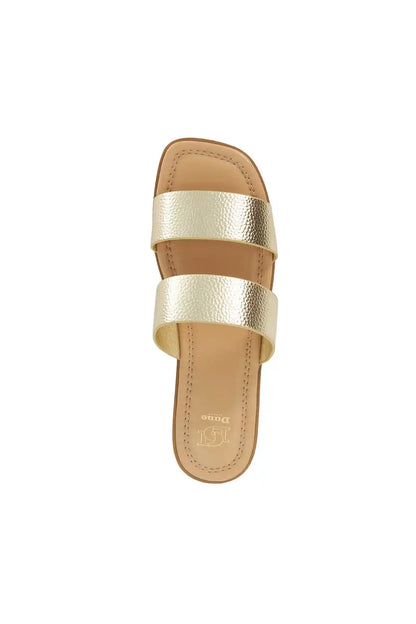 Gold metallic two-strap slide sandals with open toe and cushioned footbed