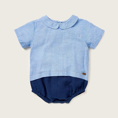 Light blue striped baby romper with navy bottom and round buttoned collar