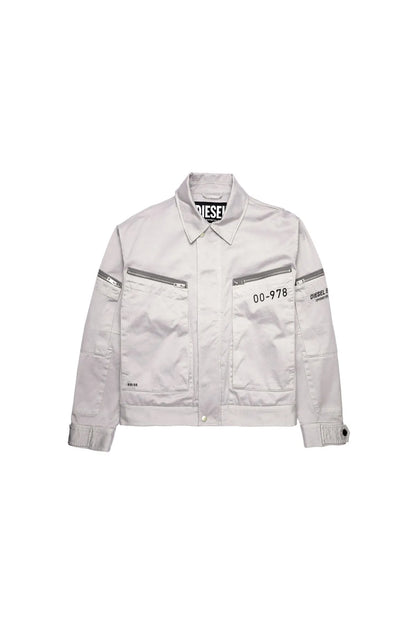 Light grey cropped jacket front top view with stand collar and button placket