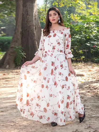 White floral maxi dress with red prints, gathered waist, flowing long skirt