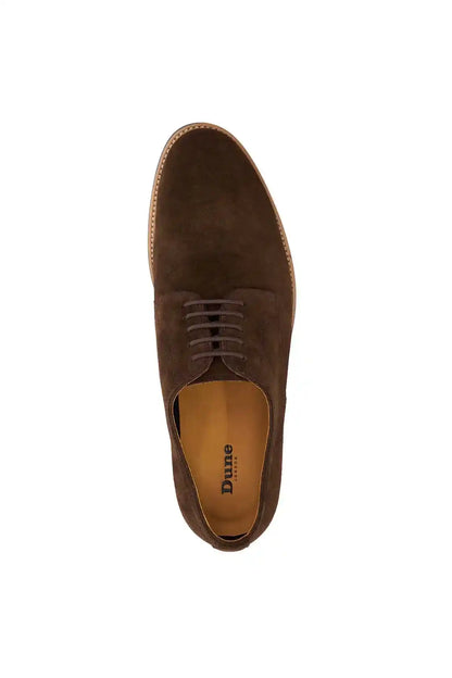 Brown suede lace-up shoe toe view with stitched laces and Dune London logo insole