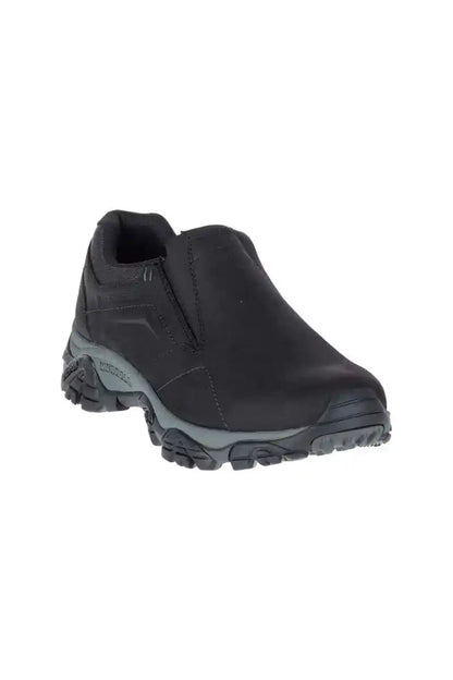 Black trail slip-on shoe, front 3/4 view, stitched upper and rugged tread