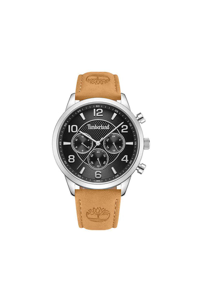 Timberland men's wristwatch: black dial, silver case, tan leather strap, three subdials