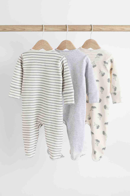 3-pack of baby footed sleepsuits: back view striped, grey, and animal print.