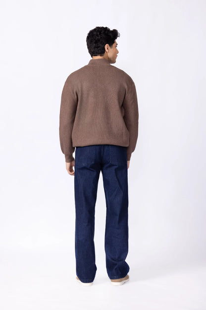 Blue denim jeans with straight leg, back view with waistband and pockets