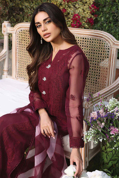Maroon embroidered kurta dress with sheer striped dupatta draped over arm
