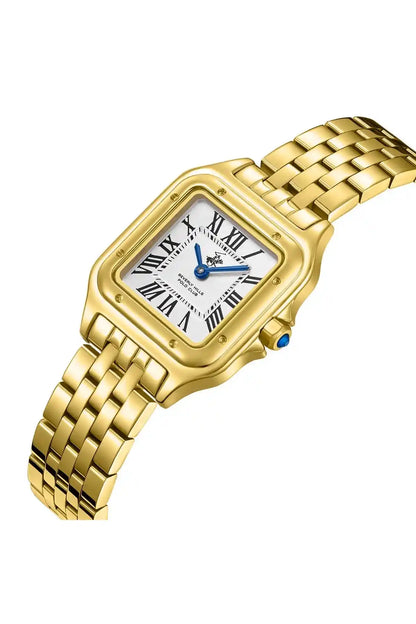 Gold-tone watch face close-up with Roman numerals, blue accents, and metal bracelet