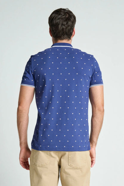Jockey navy dot polo shirt, back view with contrast-trim collar