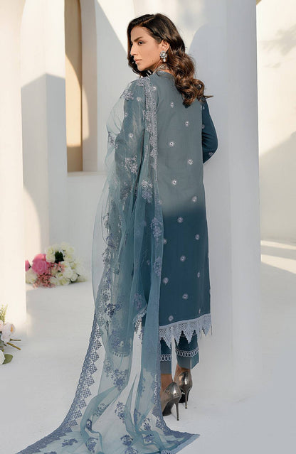 Fiona stone blue embroidered outfit with sheer dupatta draped over shoulders