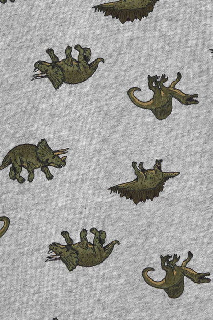 Gray sweatshirt fabric with scattered dinosaur prints