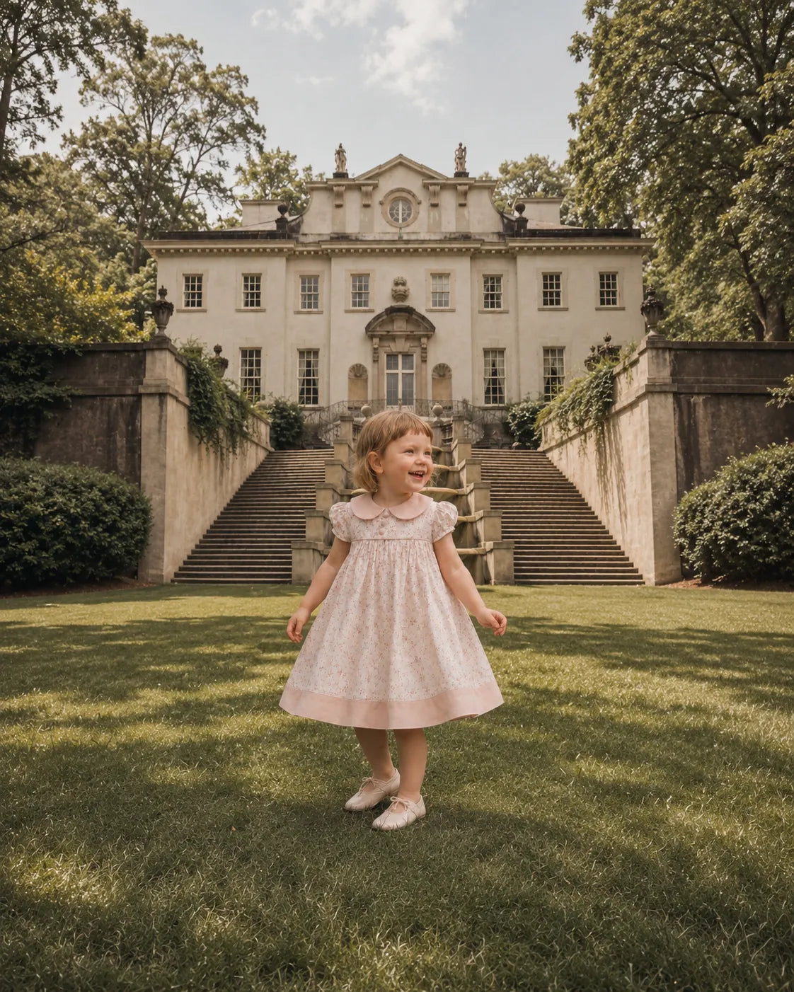 Licci cream floral toddler dress, short puff sleeves and gathered skirt