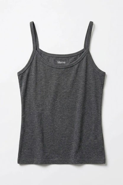 Dark grey camisole tank top with spaghetti straps and scoop neckline