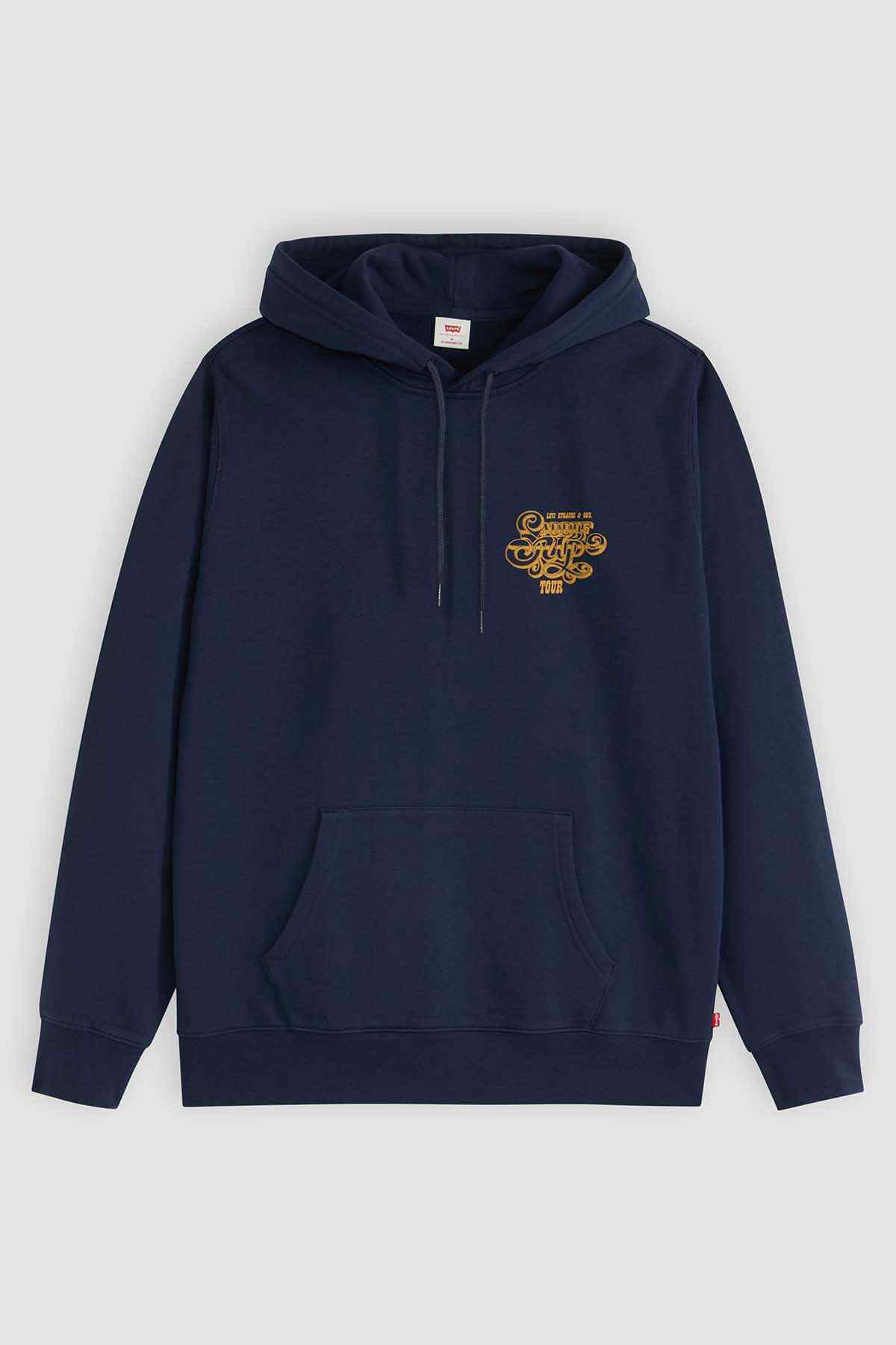 Levi's dark navy hoodie with hood, drawstrings, front kangaroo pocket, gold graphic