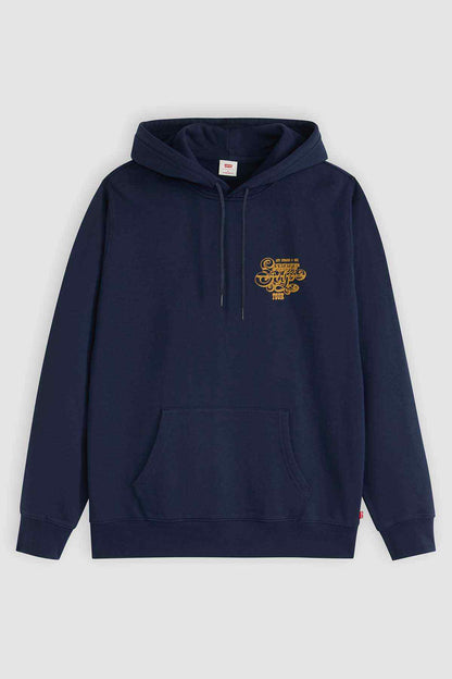 Levi's dark navy hoodie with hood, drawstrings, front kangaroo pocket, gold graphic