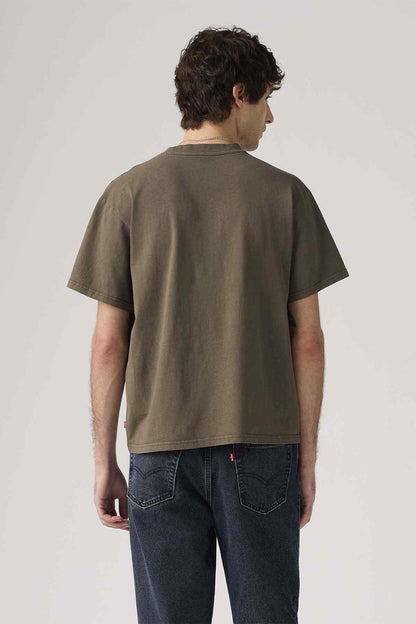 Men's dark olive crewneck T-shirt, back view, short sleeves