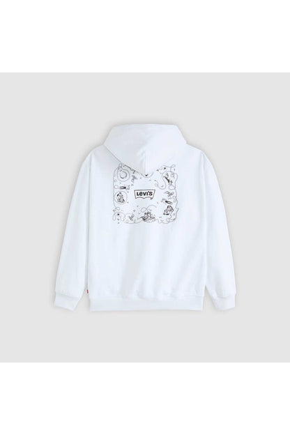 White hoodie with hood and illustrated chest graphic