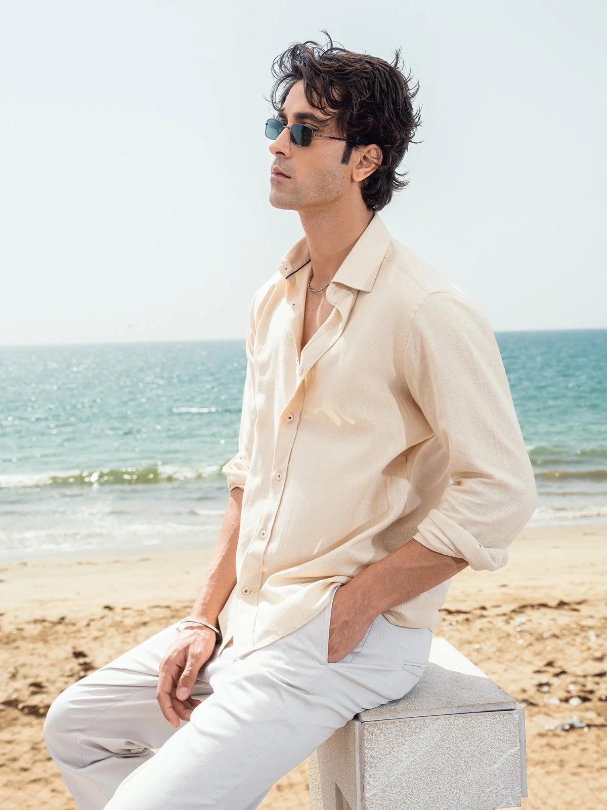 buy online beige linen blended shirt for men in Pakistan