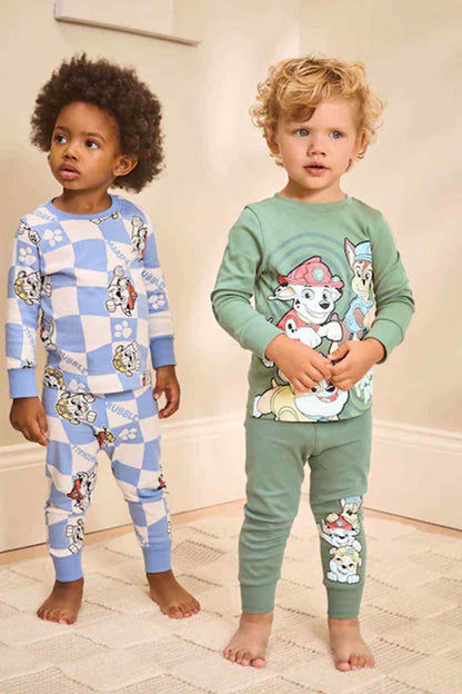 Kids' pajama set in blue-and-white check print and sage green character print