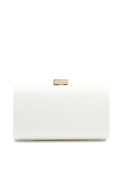 White clutch bag with gold bar clasp, minimalist rectangular shape