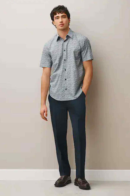 NEXT heather blue short-sleeve button-up shirt with collar and dark buttons